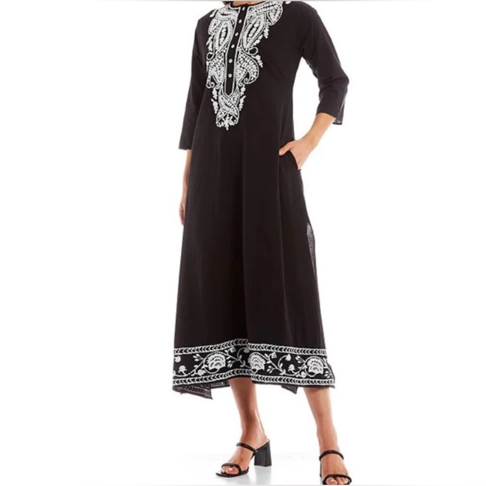 ROLLER RABBIT Embroidered Waistless Kurta Dress / Size XS / Black + White